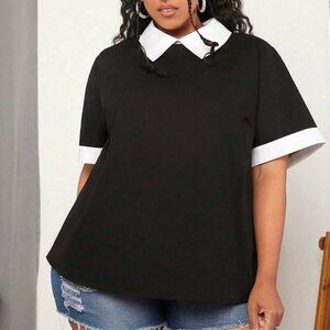 SHEIN CURVE+ Plus Contrast Collar Keyhole Back Blouse